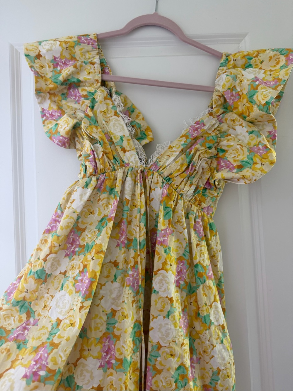 For Love And Lemons Yellow Floral Ruffle Sleeve Dress - Picture 1 of 5